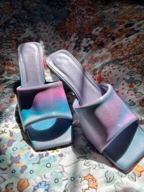 Feners Rainbow Iridescent Square Toe Heeled Sandals size 38 / US 7.5